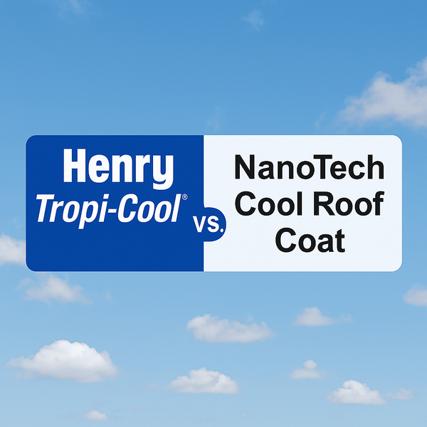 Square graphic banner comparing Henry Tropi-Cool versus NanoTech Cool Roof Coat set against a blue sky with light clouds.