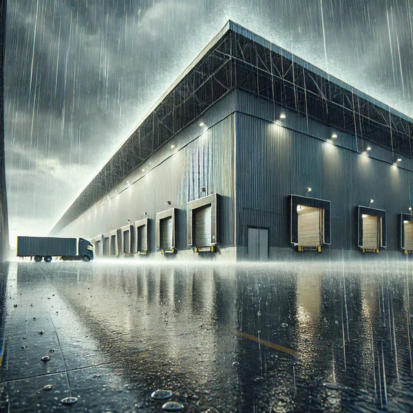 Large warehouse exterior in heavy rain with water pooling on the ground