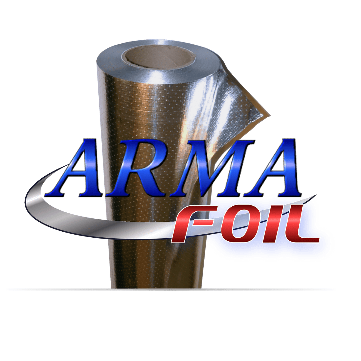 Unrolled silver roll of ARMA-FOIL radiant barrier standing vertically against a black background with brand logo overlay.