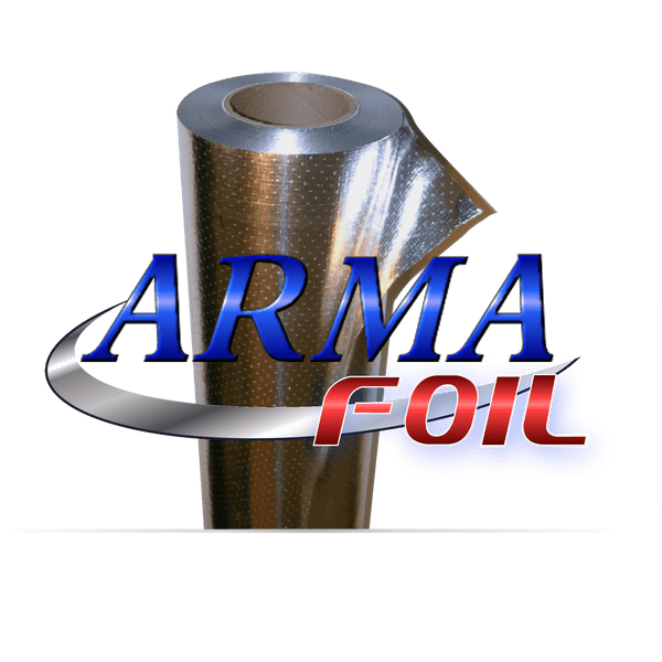 Unrolled silver roll of ARMA-FOIL radiant barrier standing vertically against a black background with brand logo overlay.