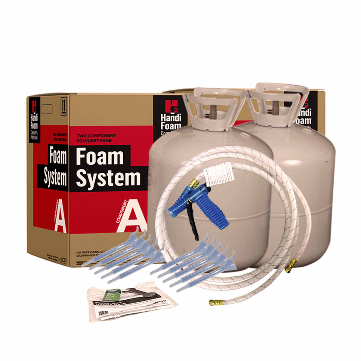 HandiFoam product assortment showing two-component polyurethane foam tanks, cylinder foam sealant with yellow hose applicator, and various aerosol foam spray cans.