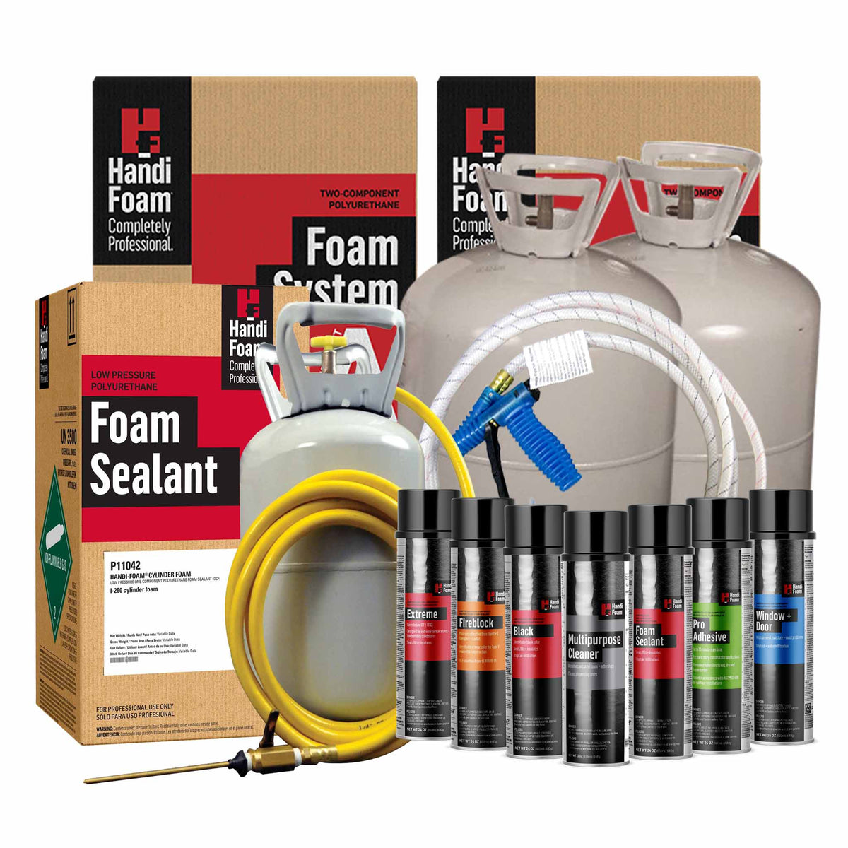 Comprehensive HandiFoam product bundle featuring pressurized tanks, cardboard packaging, coiled application hoses, spray guns, and an assortment of aerosol spray foam cans and cleaners.