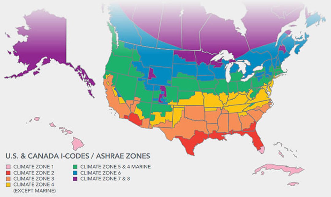 Color-coded map of North America displaying U.S. and Canada I-Codes and ASHRAE climate zones numbered 1 through 8.