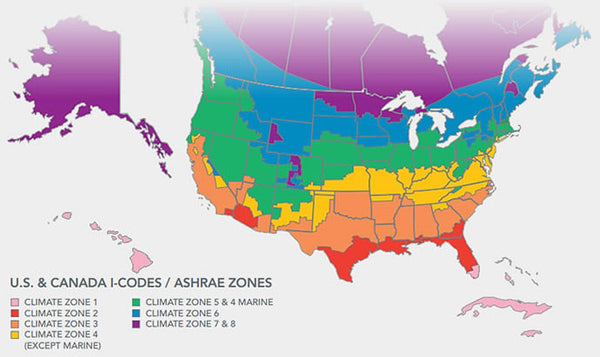 Color-coded map of North America displaying U.S. and Canada I-Codes and ASHRAE climate zones numbered 1 through 8.