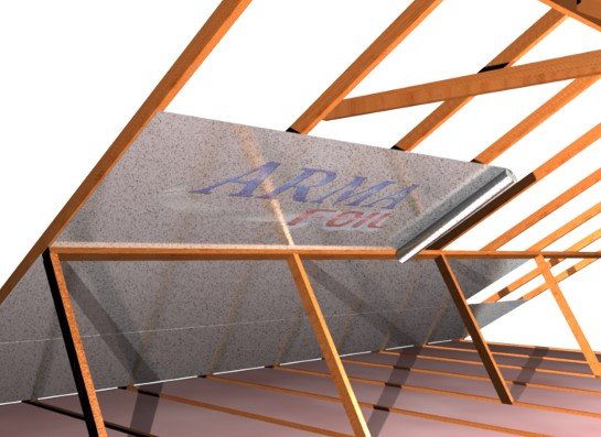 3D render showing ARMA-FOIL radiant barrier sheet attached to the underside of attic roof rafters.