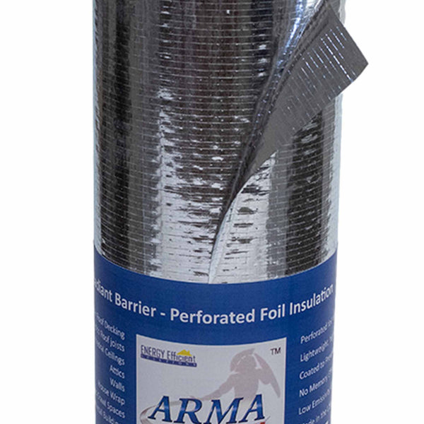 Packaged roll of ARMA-FOIL Perforated Foil Insulation showing blue branding label and product specifications.