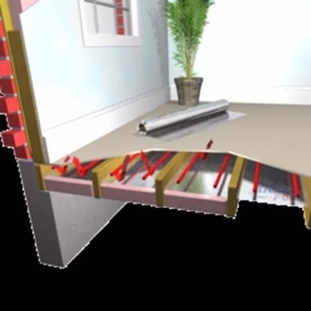 Radiant barrier installed under PEX radiant floor heating tubing